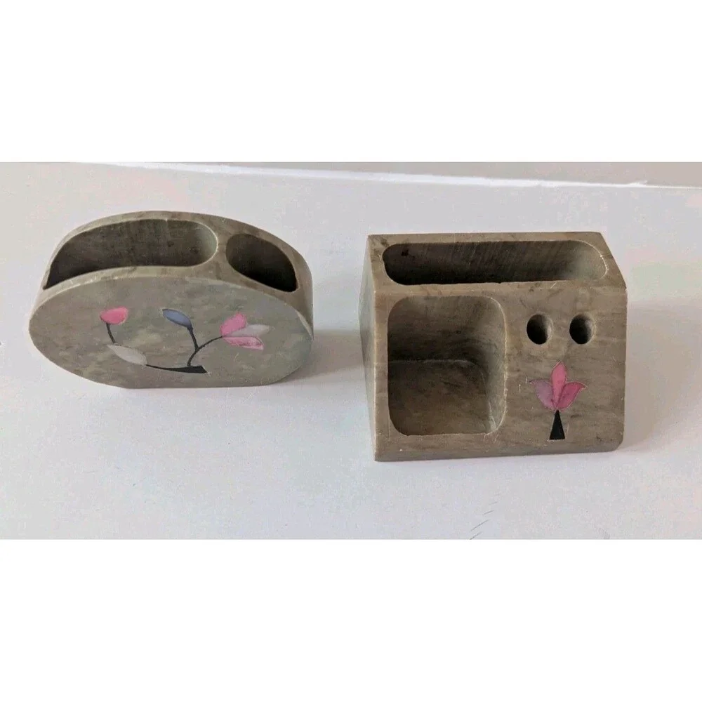 Vtg Soapstone Set Of 2  Decorative Desk Pen & Business Card Holder Hand Carved